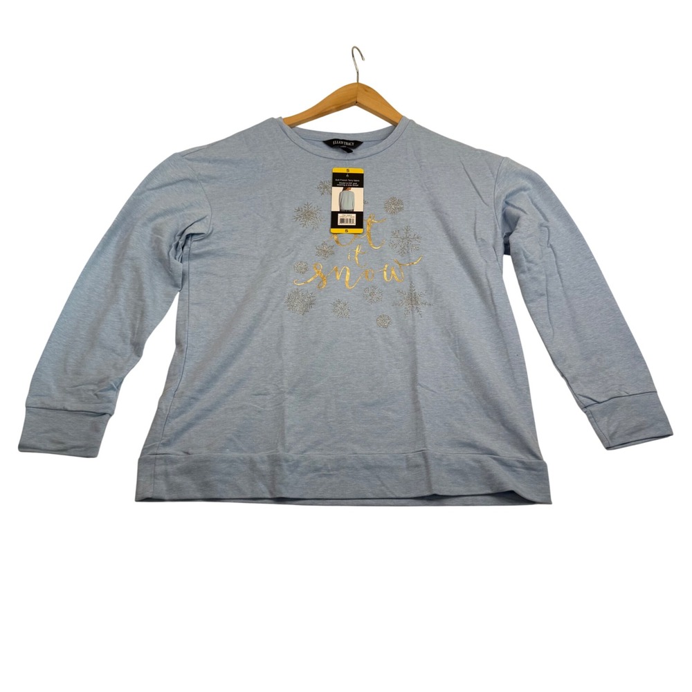 Ellen Tracy Women Small Blue Let It Snow Snowflake French Terry Sweatshirt NWT